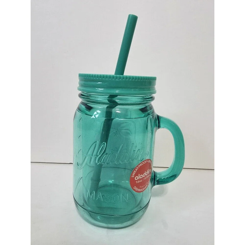 Aladdin Insulated Mason Jar Tumbler/Mug W/ Straw Green 16oz